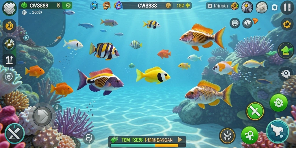 Screenshot gameplay CW8888 menampilkan aksi menembak ikan yang penuh warna.