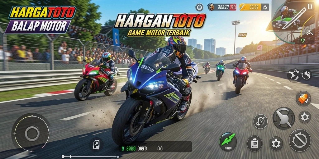 Gameplay mendebarkan balap motor di HARGATOTO dengan trek yang menantang.