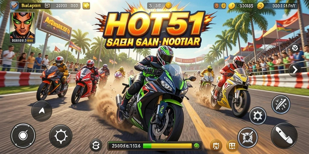 Tangkapan layar HOT51 menampilkan action balapan motor yang mendebarkan.