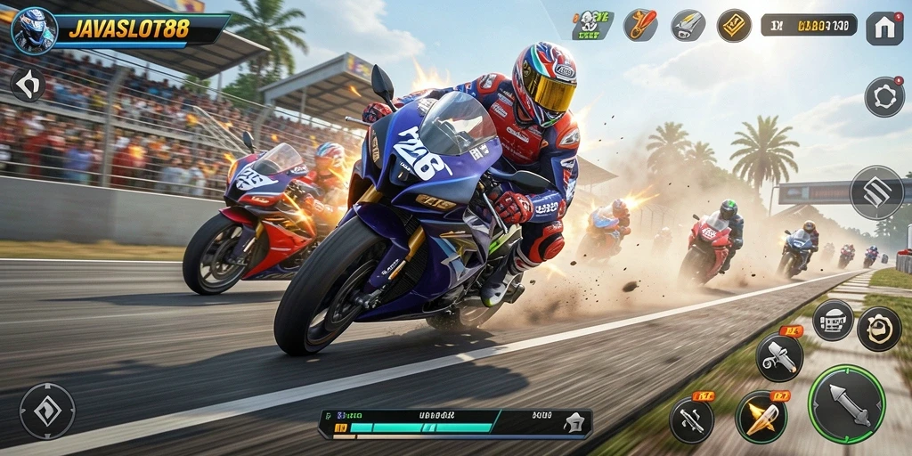 Tampilan gameplay seru di JAVASLOT88 dengan aksi balap motor yang mendebarkan.