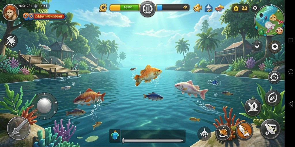 Screenshot gameplay MPO1221 menampilkan aksi memancing yang menegangkan.