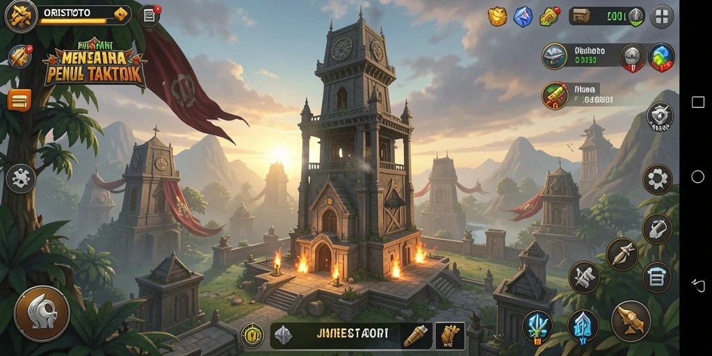 Gameplay ORISTOTO menampilkan menara dan musuh dalam pertempuran yang mendebarkan.