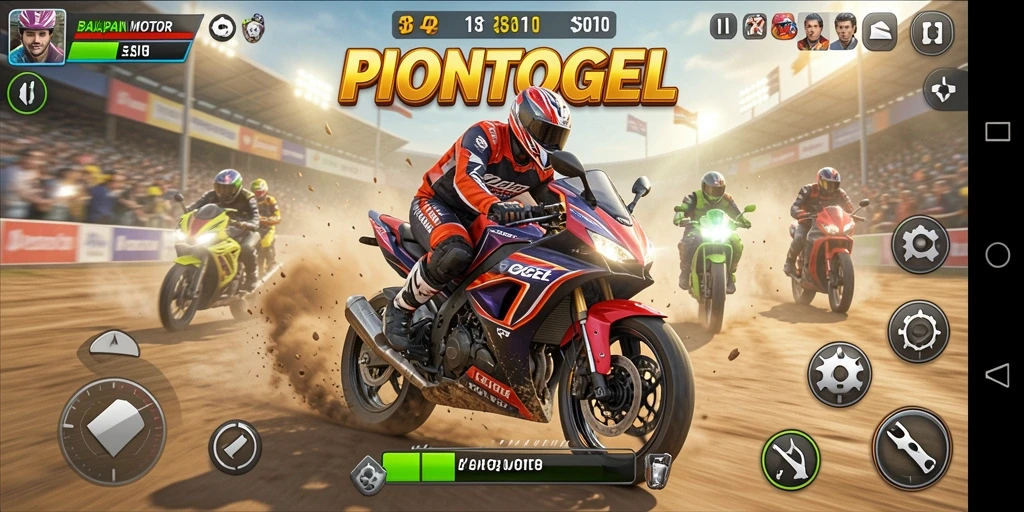 Screenshot gameplay PIONTOGEL dengan balapan motor yang mendebarkan.