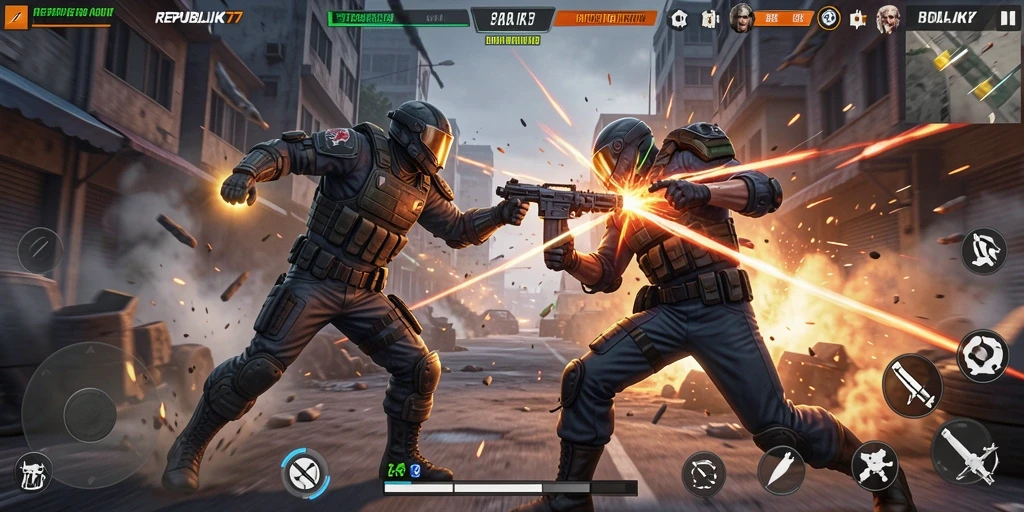 Screenshot gameplay yang menunjukkan aksi mendebarkan di REPUBLIK77.
